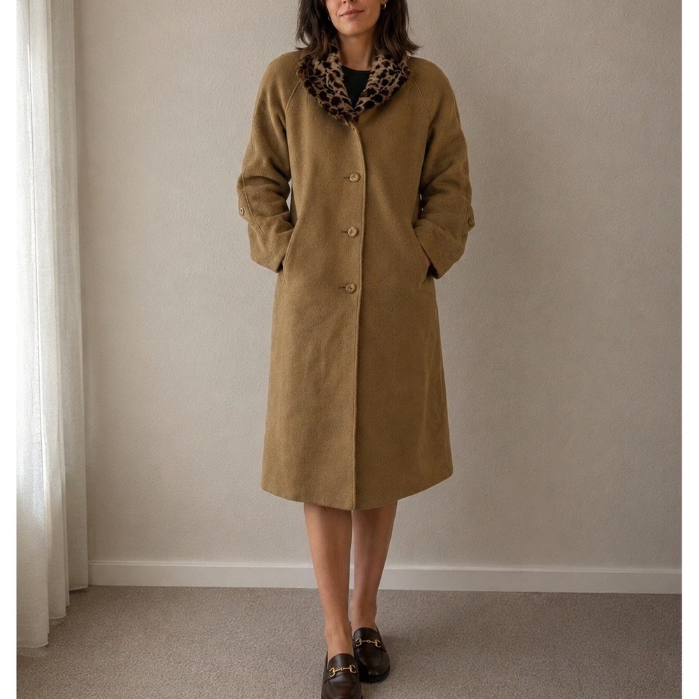 Vintage Camel Swing Coat Leopard‎ Faux Fur Collar Wool Feel Retro Glam